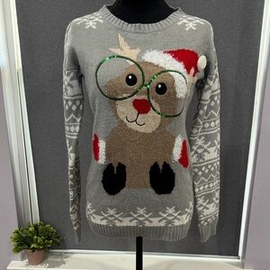 Ardene Gray Reindeer Sweater with Red and Green Accents